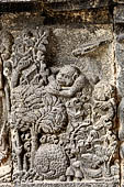 Prambanan - Ramayana reliefs of Shiva Temple. Detail of scene 8 with Rama's arrow flying. 